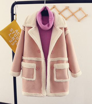 韩版2015冬季新款拼接麂皮绒棉服舒适加厚中长款长袖棉衣外套女装