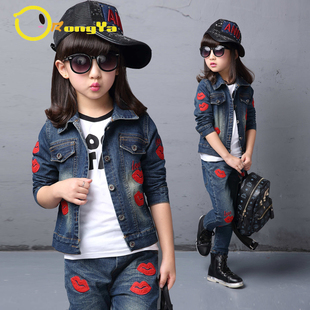 童装女童牛仔套装秋装2015韩版儿童牛仔外套卡通修身时尚两件套装