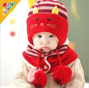 婴儿帽子秋冬1-2-4岁加绒帽猫咪护耳帽6-12个月儿童毛线围脖帽子