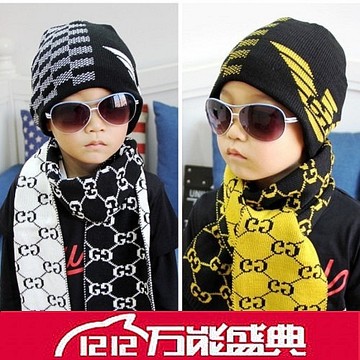 韩版儿童男童帽子冬季纯棉针织加厚套头亲子帽子围巾两件套装包邮
