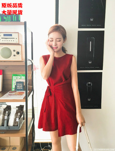 韩国夏季新款气质简约棉麻收腰显瘦红色连衣裙