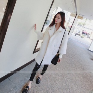 2016春季韩版宽松中长款白色娃娃款纯色保暖羊毛呢外套女大衣女