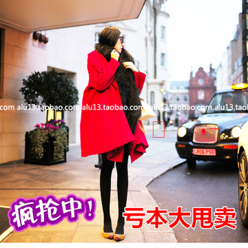 ALU韩版冬新款宽松大翻领 大红色斗篷双面羊绒大衣 羊毛呢外套女