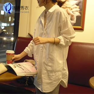 韩国代购2016秋季简洁男友风宽松长款白衬衫女长袖韩版衬衣上衣女