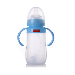 正品CUTE BABY硅胶自动吸管带手柄宽口径宝宝婴儿奶瓶240毫升