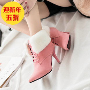 2015冬季韩版潮高跟短靴女细跟尖头系带马丁靴加绒毛毛鞋保暖棉鞋