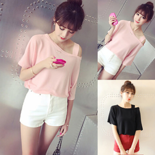 夏季新款日韩女装露肩性感纯色T恤短袖上衣