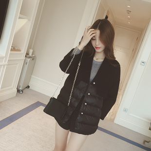 2015冬季新款韩版保暖休闲显瘦V领时尚毛呢拼接短款薄棉服棉袄女