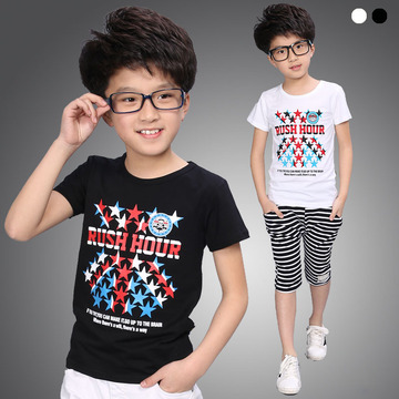 男童夏款2015新款韩版童装星星短袖t恤卡通动漫圆领黑色白色吸汗