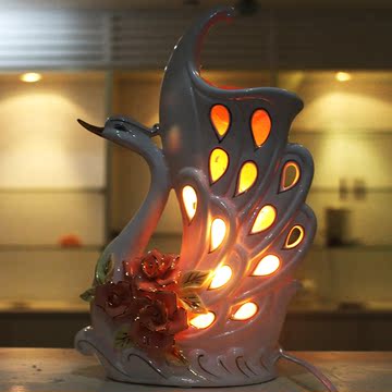 天鹅水晶盐灯喜马拉雅S级 时尚创意陶瓷装饰台灯卧室床头灯结婚庆