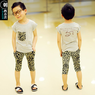 韩版豹纹短袖儿童套装两件套 男童装夏装休闲运动装 清仓特价