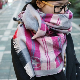 秋冬季韩版围巾女五角星图案双面拼色仿羊绒加厚保暖披肩围脖包邮