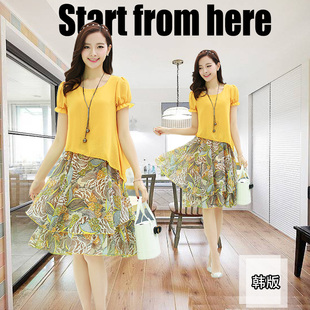 2016夏季新款韩版大码女装连衣裙圆领短袖印花雪纺连衣裙假两件套