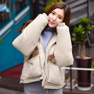 2015韩版冬季新款短款棉衣  连帽貉子毛口袋拼接长袖棉服棉袄潮女