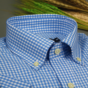 格子衬衫男短袖 夏季 薄款半袖 衬衣宽松小方格纹扣领蓝色高档