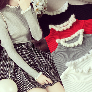 韩版秋冬新款女装木耳边加绒加厚修身显瘦针织毛衣打底衫长袖上衣