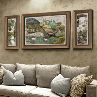 山水风景油画客厅装饰画三联现代欧式美式沙发背景壁画挂画钢笔画