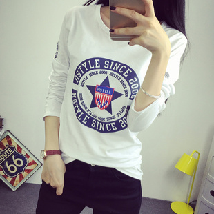 蜜女格格2015春秋新款韩版女装五角星字母长袖打底衫卫衣宽松T恤