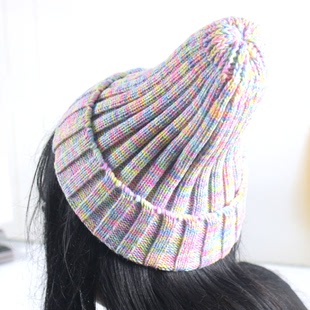 秋冬女士毛线帽花色加厚冬季滑雪帽针织帽时装帽可爱彩虹尖头帽