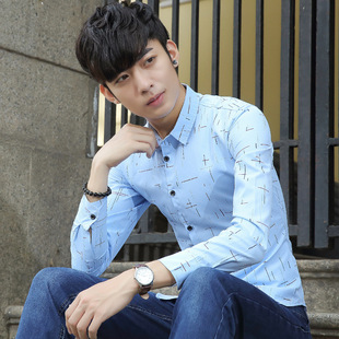 2016秋季新款男式长袖衬衫青少年印花时尚衬衣男士韩版修身寸衫