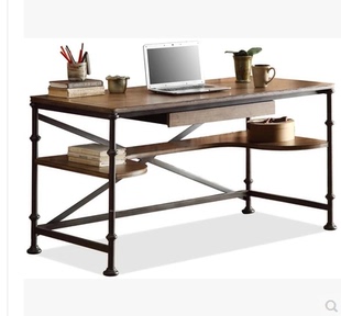 优质美式乡村铁艺复古书桌电脑桌做旧仿古实木书桌工作台办公桌椅