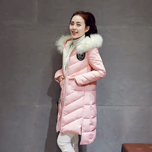 2015冬季女装新款不对称毛领棉服外套时尚修身棉袄棉衣加厚中长款