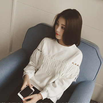 秋装女上衣 长袖2016新款韩版学院风流苏镂空卫衣宽松套头学生T恤