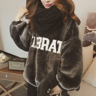 2016冬女装新款韩版贴布字母加厚宽松兔毛毛绒套头卫衣