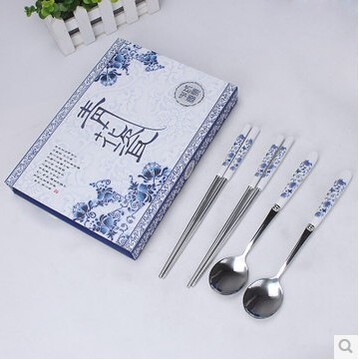 青花瓷餐具套装 韩式不锈钢筷子勺子叉子结婚套装餐具礼品