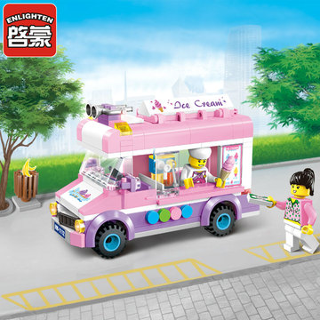 启蒙新款益智塑料积木拼装玩具女孩公主粉色梦想1112冰淇淋车