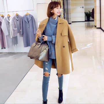 韩国东大门品牌女装 冬季新款韩版系带收腰女式毛呢外套呢绒大衣