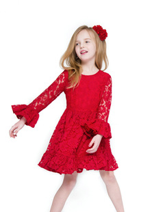 DG2015春夏新款女童装裙 喇叭袖鱼尾红色连衣裙 公主蕾丝礼服裙子
