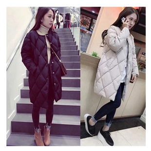 2015冬韩版新款羽绒棉衣外套中长款菱形格加厚保暖时尚纯色女包邮