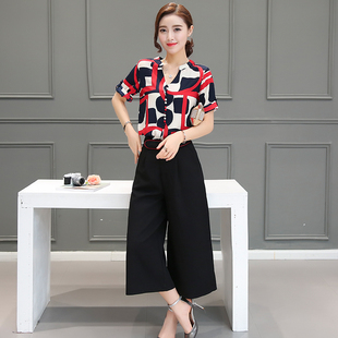 2016夏新款韩版女两件套花色衬衣九分阔腿裤修身甜美休闲气质套装