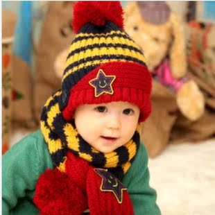宝宝小孩秋冬护耳帽五角星韩版毛线男童儿童帽子围巾两件套冬天潮