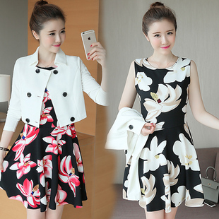 2016新款韩版修身名媛气质短外套中长款裙子两件套连衣裙休闲套装