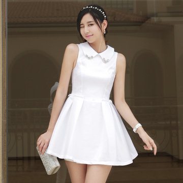 韩版新款纯白色蓬蓬裙 小香风打底背心裙修身无袖娃娃领 连衣裙子