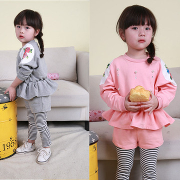 2015韩版儿童春秋季套装 女童小童贴皮花朵童条纹童套装两件套