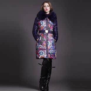 欧洲站 绝美印花优雅紫色花纹大皮草毛领修身羽绒服女冬装大衣
