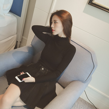 2015秋装韩国新款甜美木耳边高领修身显瘦打底衫套头针织衫女毛衣