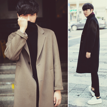 2015冬装新款男士长款毛呢大衣 韩版中长款风衣 潮男加厚呢子外套