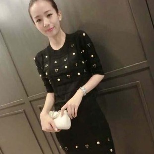 韩国代购2016早秋新款钉珠修身显瘦针织细毛线上衣包臀半身裙套裙