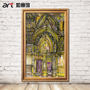 欧式抽象教堂建筑高档装饰画 玄关过道有框壁画 金色单幅竖版挂画