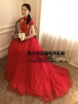 高级定制霓虹 经典款 重磅蕾丝齐地小拖尾韩式抹胸红色婚纱礼服