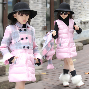 2015冬季新款童装女童韩版时尚长款背心羊呢披肩两件套潮儿童棉袄