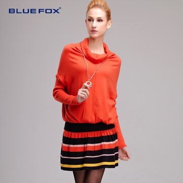 BLUEFOX 欧洲站2015秋冬女装新款条纹拼接气质显瘦针织连衣裙