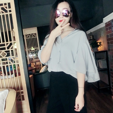 2016夏新款韩版胖MM加肥大码蝙蝠翻领显瘦开衫纯色荷叶短袖衬衣女