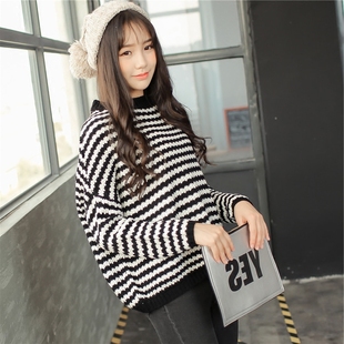 2016女韩版中长款毛线衣女式毛衣冬季学生套头加厚宽松黑白条纹潮