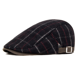 冬季羊毛呢帽子 时尚韩版条纹 男士鸭舌帽复古短檐保暖男款贝雷帽