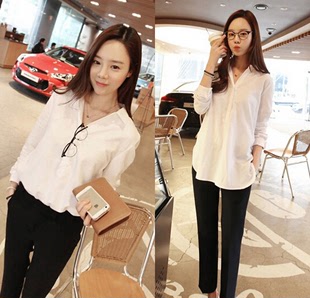 2015新款春季韩版v领衬衫女装中长款百搭白衬衣时尚长袖休闲上衣